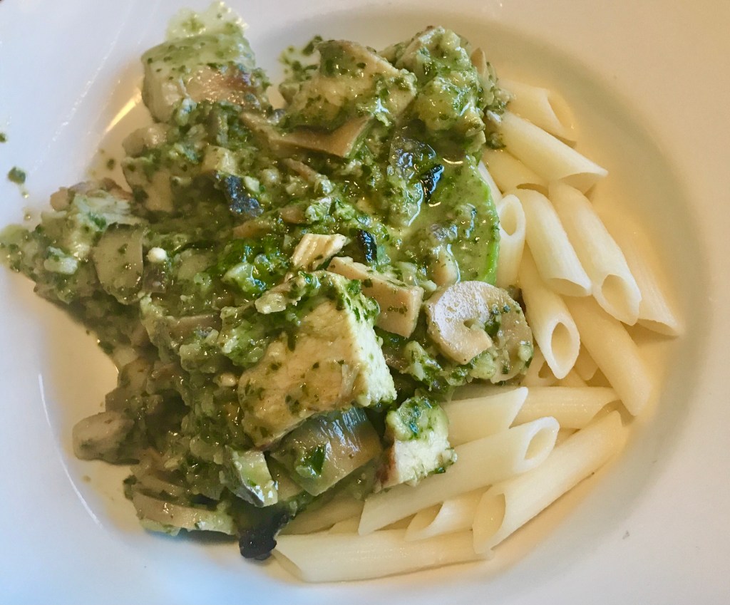 oyster mushrooms with pesto and avocado sauce